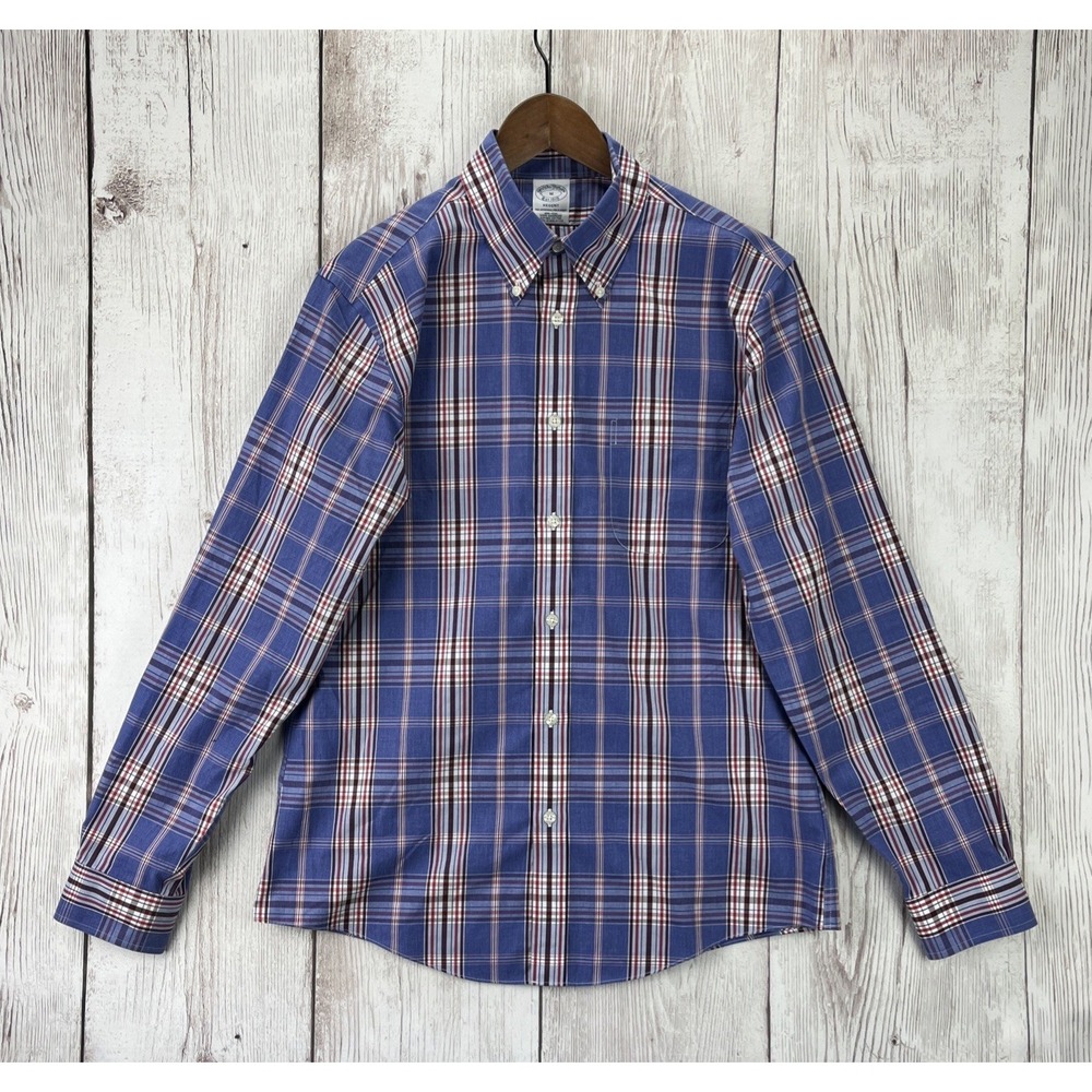 Brooks Brothers Regent Men's M Non-Iron Button Down Long Sleeve Blue Plaid Shirt